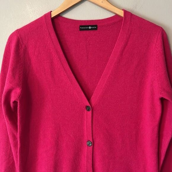 Takashimaya Japan 100% Cashmere Cardigan Sweater Pockets Size Medium Hot Pink - Picture 2 of 16